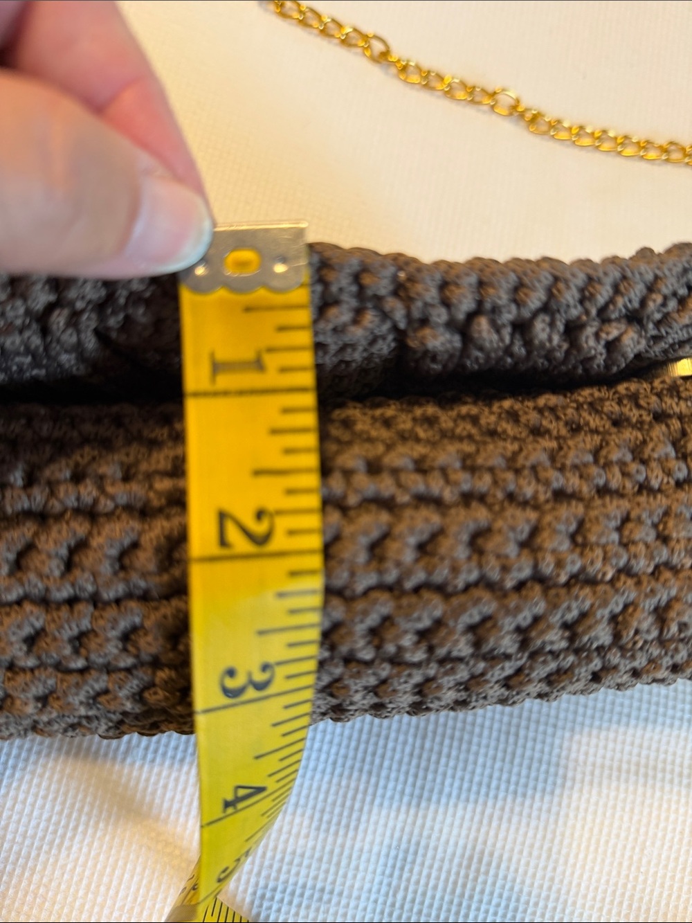 Handmade Woven Crochet Crossbody Bag - Brown and Golden Chain - Picture 14 of 15